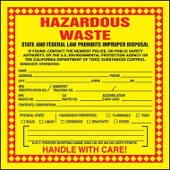 Drum Labels,  Hazardous Waste, 6"x6", Red/Yellow, 100 Labels/Roll