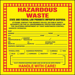 Drum Labels,  Hazardous Waste, 6"x6", Red/Yellow, 100 Labels/Roll